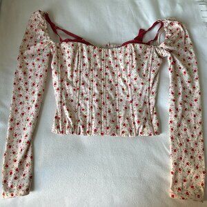 Longsleeve Corset Top, white with red roses, built-in bra by Moda International